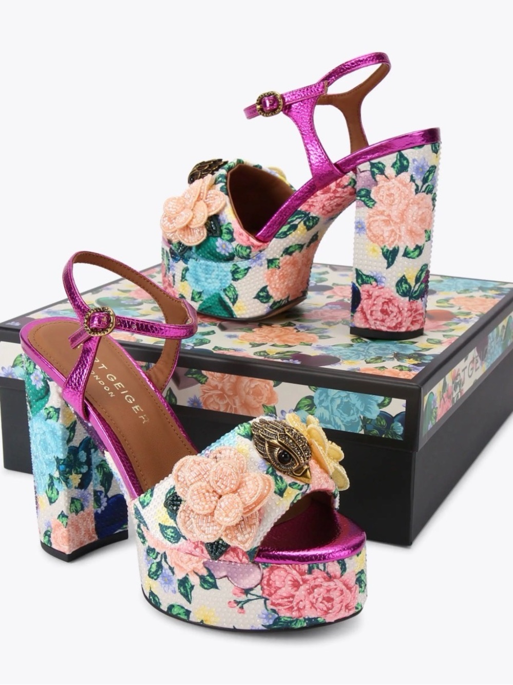 Kurt Geiger KENSINGTON Metallic Fuchsia Floral Beaded Platform Sandals 37